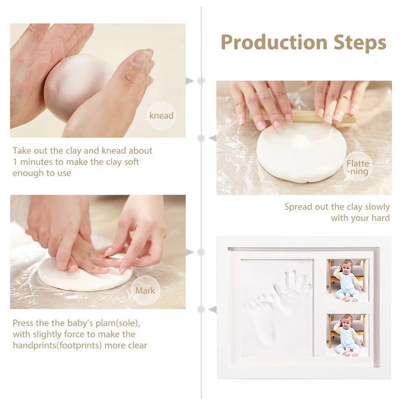 Wooden frame with DIY kit for souvenir footprints in clay