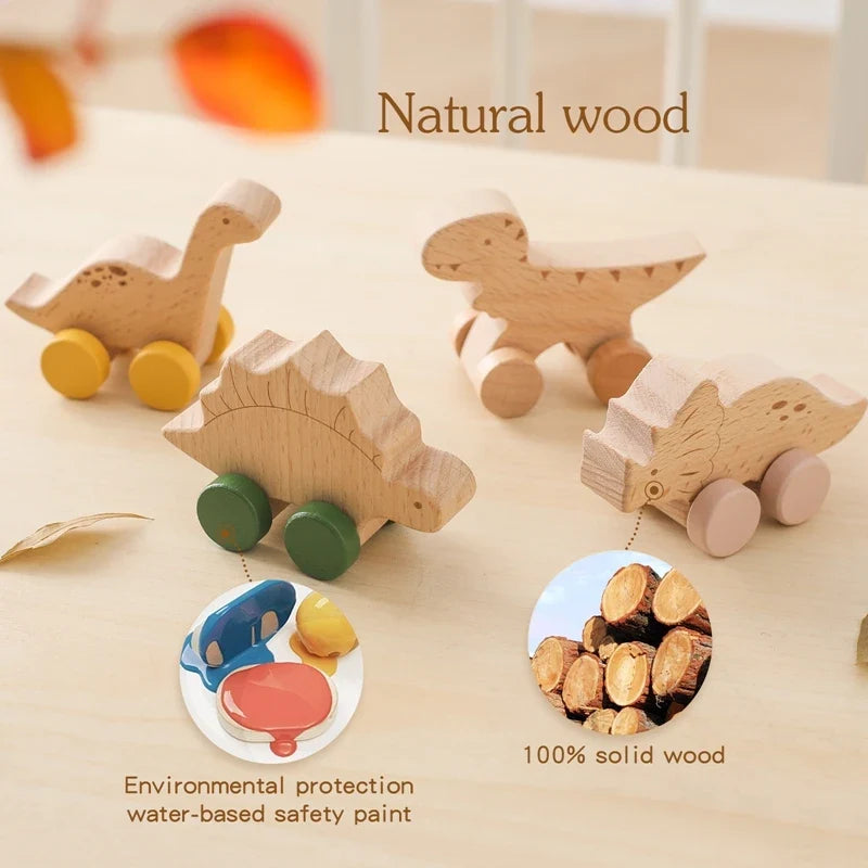 1 pc Beech Wood Montessori Toy Dinosaur with wheels