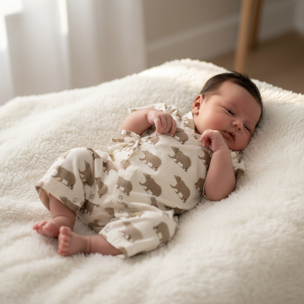 Goodnight Bear Kimono Jumpsuit on Baby