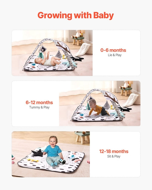Baby Play Gym Mat, Tummy Time Mat with 6 Sensory Toys, Baby Activity