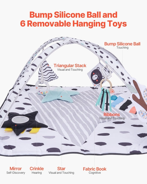 Baby Play Gym Mat, Tummy Time Mat with 6 Sensory Toys, Baby Activity