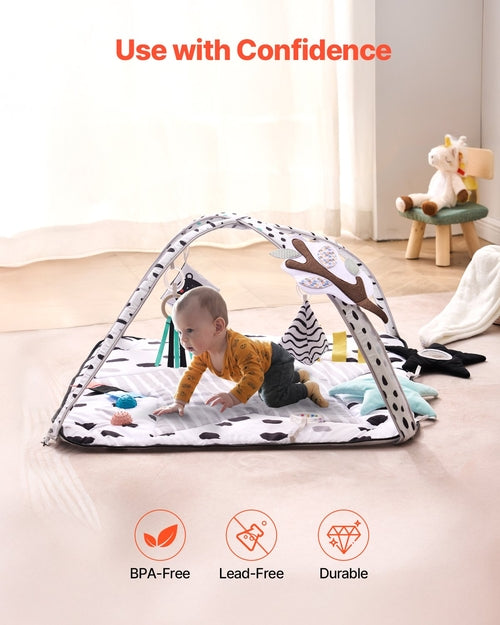 Baby Play Gym Mat, Tummy Time Mat with 6 Sensory Toys, Baby Activity